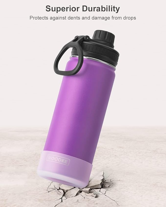 Koodee Insulated Water Bottle, 18 oz Stainless Steel Double Wall Vacuum Wide Mouth Sport Bottle with Leakproof Spout Lid (Purple)