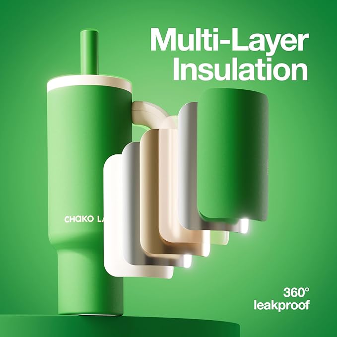 BaWang Insulated Stainless Steel Tumbler | Tumbler with Handle and Straw 33oz | Cup Holder Friendly for Travel | Leakproof Water Bottle | BPA-Free | Ceramic liner| Green＆White