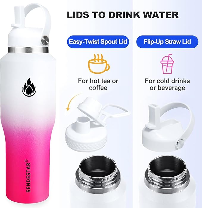 SENDESTAR 32oz Water Bottle Wide Mouth Stainless Steel Vacuum Insulated Double Wall with 2 Straw Lids Fit in Any Car Cup Holder TXIN-32-WP-1