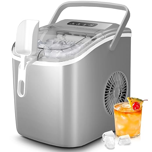 Crzoe Countertop Ice Maker Machine with Handle,26Lbs/24H,9 Cubes Ready in 6 Mins,Self-Cleaning Function with Ice Scoop and Basket for Home/Office(Grey)