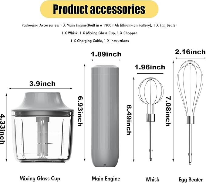 Electric Hand Mixer with Whisk, Handheld Electric Whisk, Hand Blender Set for Mini Food Processor, Rechargeable Cordless Handheld Mixer, Small Food Chopper for Dicing, Mincing, and Puree, 4-Speed,10Oz