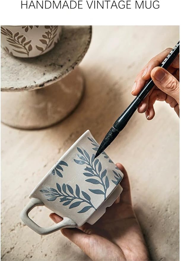 Ceramic Mug 1pcs, 11oz - Vintage Coffee Mug, Pottery Cups for Milk, Latte, Cappuccino, Tea - Porcelain Dishwasher, Microwave Safe Stoneware 1 PCS Olive Black Leave Set of 1