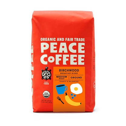 Peace Coffee Birchwood Breakfast Blend | 20 oz Ground Medium Roast | Organic Fair Trade | Smooth, Mild Flavor | Shade Grown, Fresh Roasted