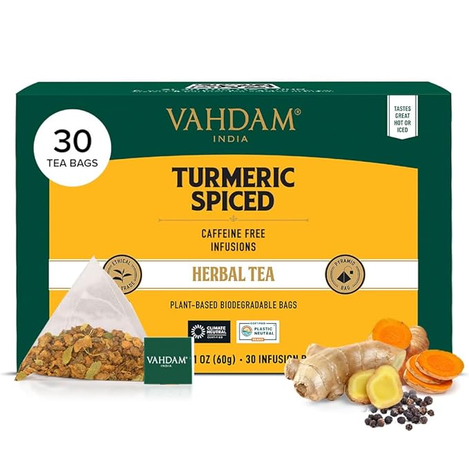 VAHDAM, Turmeric Spice Herbal Tea Bags (30 Count) Caffeine Free, Non GMO, Gluten Free | 100% Pure Herbal Tisane - Savory & Spicy | Individually Wrapped Pyramid Tea Bags | Direct from Source