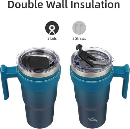 20 oz Tumbler with Handle and 2 Straw 2 Lid, Insulated Water Bottle Stainless Steel Vacuum Cup Reusable Travel Mug,Indigo Black