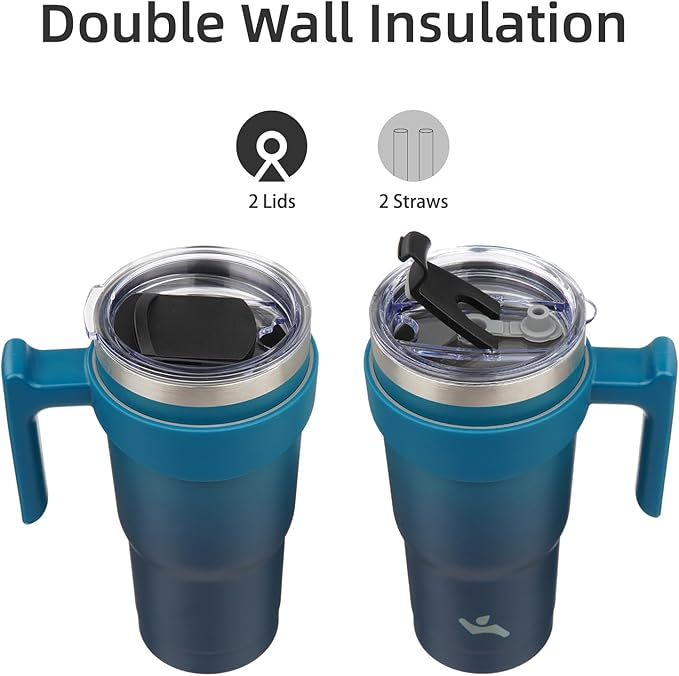 20 oz Tumbler with Handle and 2 Straw 2 Lid, Insulated Water Bottle Stainless Steel Vacuum Cup Reusable Travel Mug,Indigo Black