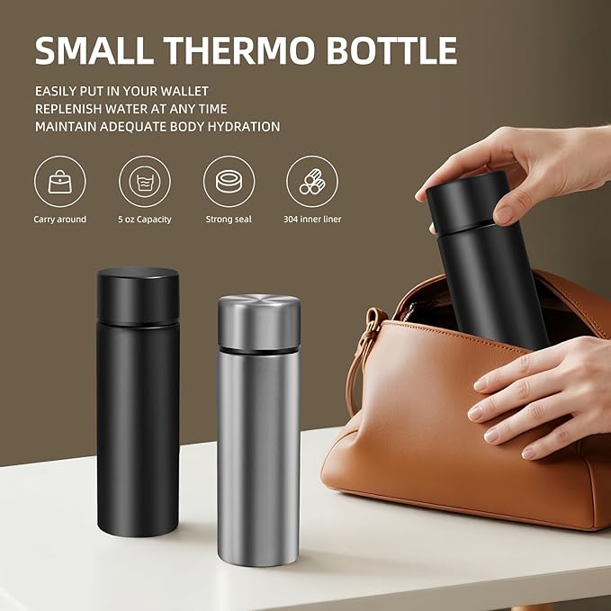 5 oz Mini Water Bottle Cute Water Bottle - Insulated Stainless Steel Bottle - Keeps Cold for 12 hours, Hot for 6 hours - Black