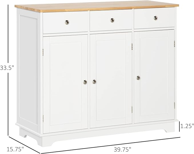 HOMCOM Sideboard with Solid Wood Countertop, Modern Kitchen Storage Cabinet, Coffee Bar Cabinet with 3 Drawers, Doors and Adjustable Shelf, White