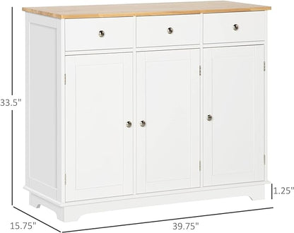 HOMCOM Sideboard with Solid Wood Countertop, Modern Kitchen Storage Cabinet, Coffee Bar Cabinet with 3 Drawers, Doors and Adjustable Shelf, White