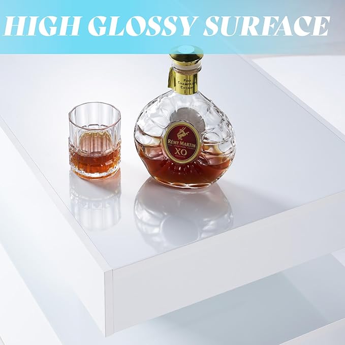 AMERLIFE High Gloss LED Coffee Table, Modern 2-Tier Center Table with LED Lights, Open Storage Space, 40in Simple Rectangular Sofa Side Table for Living Room, White