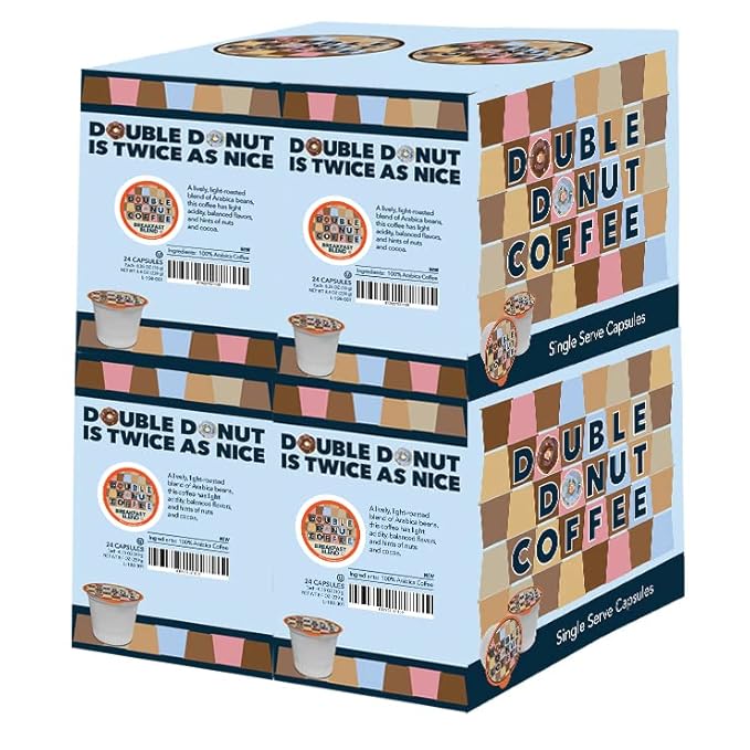 Double Donut Coffee Breakfast Blend Coffee Pods, Medium Roast Coffee, Single Serve Coffee For Keurig K Cups Machines, Breakfast Blend in Recyclable Pods, Hot or Iced Coffee, 96 Count