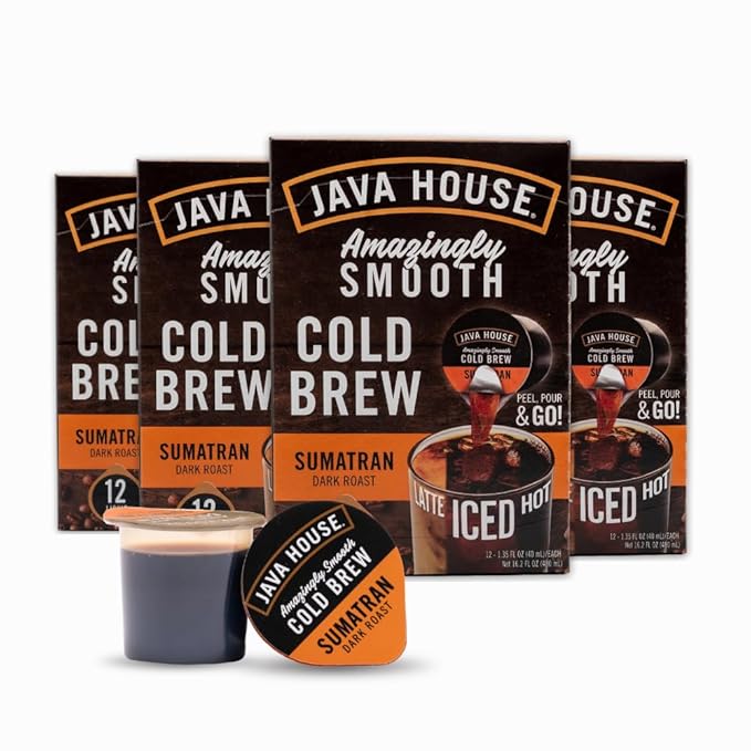 JAVA HOUSE Dark Roast Sumatran Cold Brew Pods, (48 Count) Peel and Pour Pods Hot or Iced Instant Coffee Concentrate