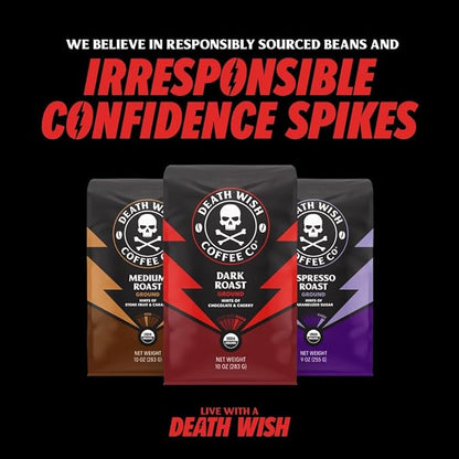 Death Wish Coffee Dark Roast Grounds -16 Oz, 2 Packs of Bold & Intense Blend of Arabica & Robusta Beans - USDA Organic Ground Coffee - Pack of 2