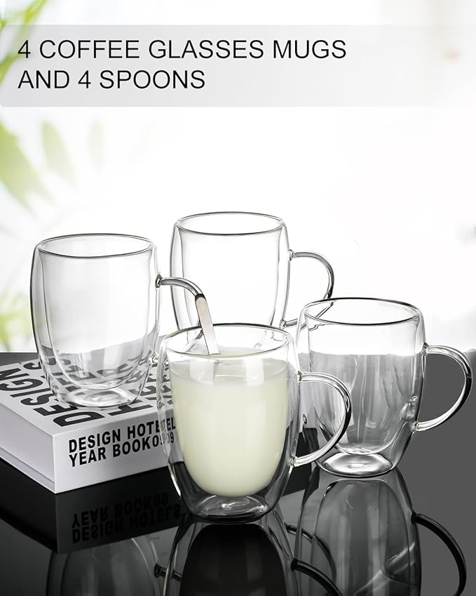 LIBWYS 4 Pack Double Walled Coffee Cups Glasses Mugs 12oz, Espresso Cappuccino Latte Tea Cups with Handle, Heat Resistant Borosilicate Clear Glasses 350ml