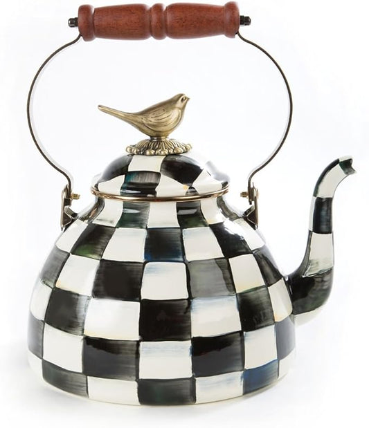 MACKENZIE-CHILDS Enamel Tea Kettle, Cute Kitchen Kettle for Stovetop, 3-Quart Capacity, Black-and-White Courtly Check with Bird Topper