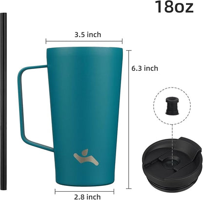 Insulated Tumbler with Handle and Straw, 18 OZ Travel Coffee Mug Stainless Steel Cup Metal Water Bottle,Blue