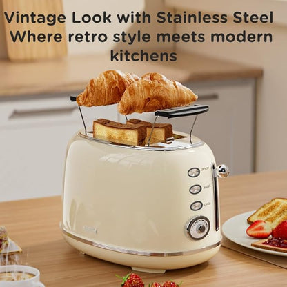 Toaster Retro 2 Slice, Vintage White Toaster with Lid, with Bread Attachment, Preheat, Defrost And Cancel Functions, 6 Browning Levels (Beige)
