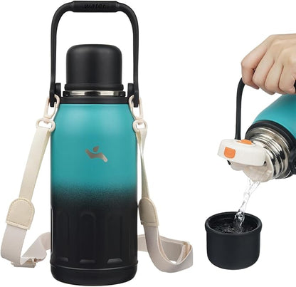 Insulated Water Bottle with Handle and Strap,Vacuum Travel Tumbler with Cup Lid,Thermo Coffee Cup for Hot Cold Drinks 40 OZ,TealBlack