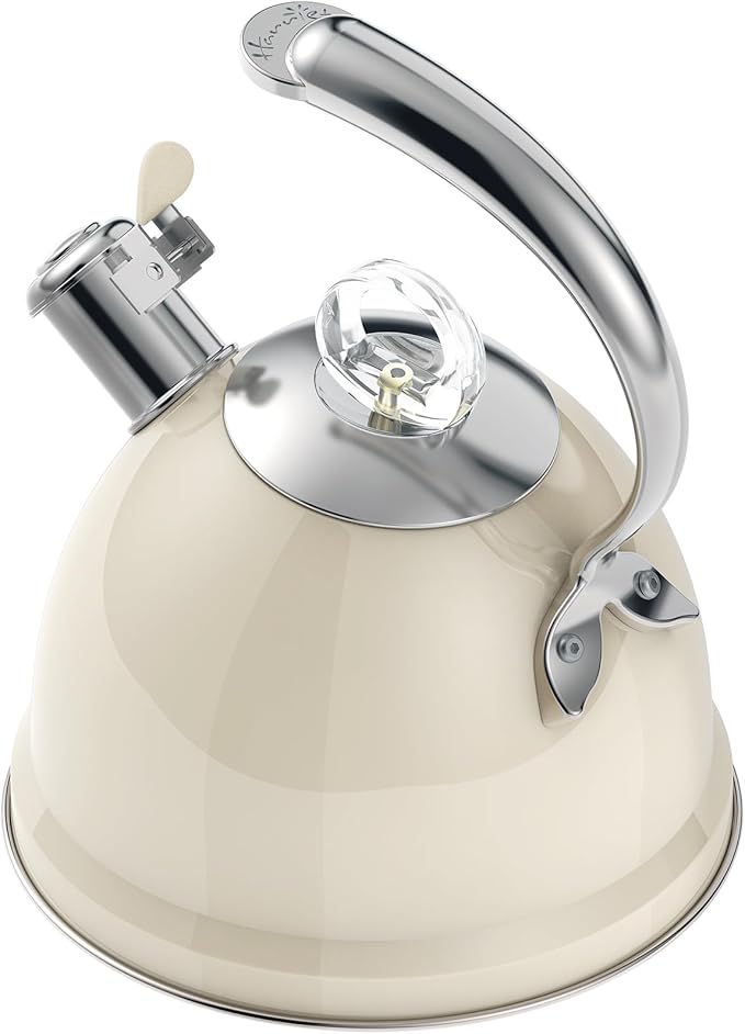 Harriet Tea Kettle Stovetop, 2.5 Quart Whistling Stainless Steel Tea Pot, 3-Layer Base, Unique Ergonomic Handle, Includes Pot Holder & Mat, Electric/Induction/Gas Stovetops Applicable, Beige White