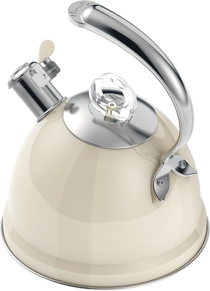 Harriet Tea Kettle Stovetop, 2.5 Quart Whistling Stainless Steel Tea Pot, 3-Layer Base, Unique Ergonomic Handle, Includes Pot Holder & Mat, Electric/Induction/Gas Stovetops Applicable, Beige White