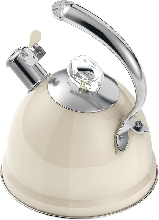 Harriet Tea Kettle Stovetop, 2.5 Quart Whistling Stainless Steel Tea Pot, 3-Layer Base, Unique Ergonomic Handle, Includes Pot Holder & Mat, Electric/Induction/Gas Stovetops Applicable, Beige White