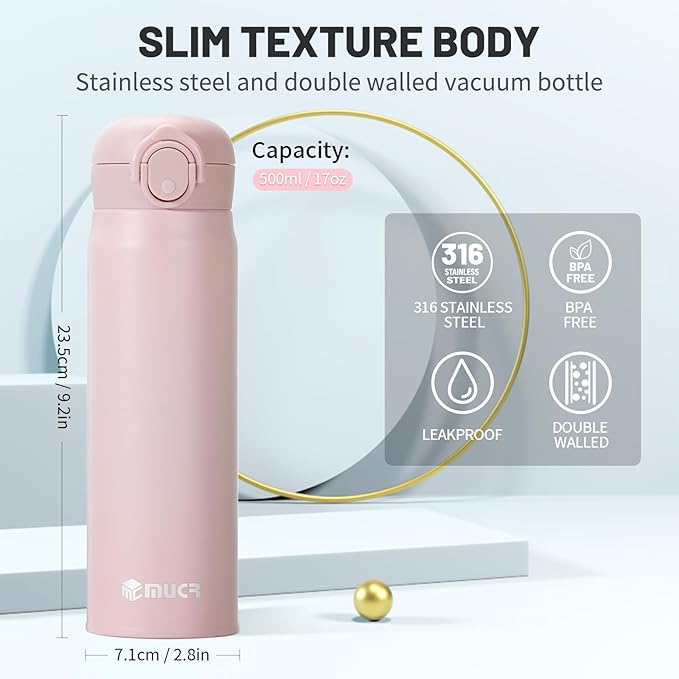 17 oz / 500 ml Insulated Water Bottle, Stainless Steel Thermo Coffee Travel Mug, Thermal Cup with Snap Flip Lid, BPA Free for Hot and Cold Drinking, Pink