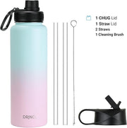 DRINCO Stainless Steel Water Bottle Spout Lid Vacuum Insulated Double Wall Water Bottle Wide Mouth (40oz 32oz 22oz 18oz 14oz) Leak Proof Keeps Cold or Hot (40 oz, 40oz Macaron)