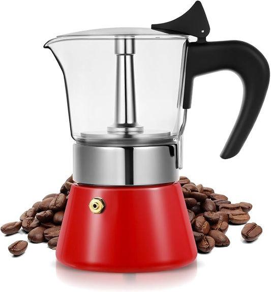 Induction Moka Pot, 4 Cups (7.1 oz) Crystal Glass-Top & Stainless Steel Moka Pot, Classic Stovetop Espresso Maker, Red