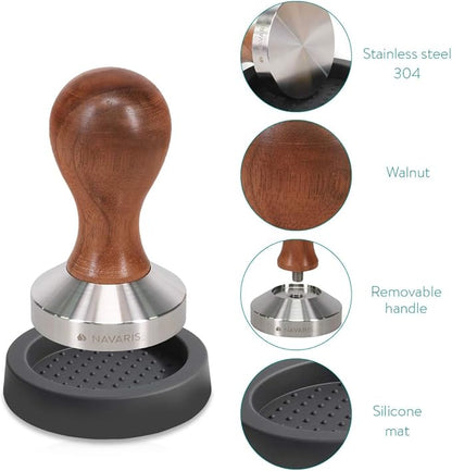 Navaris 2 Inch (51 mm) Walnut Handle Stainless Steel Espresso Coffee Tamper for Moka Pot - Modern Elegant Brown - 2 oz Capacity