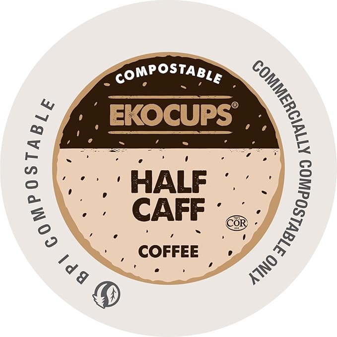 Ekocups Half Caff Coffee Pods – Compostable, Plant-Based & Freshness-Sealed – French Press-Quality Brew – K-Cup Brewer Compatible – Medium Roast, 80ct