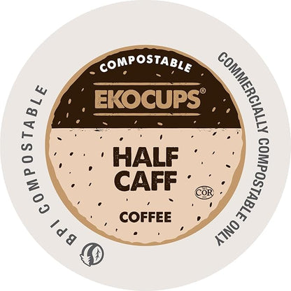 Ekocups Half Caff Coffee Pods – Compostable, Plant-Based & Freshness-Sealed – French Press-Quality Brew – K-Cup Brewer Compatible – Medium Roast, 80ct