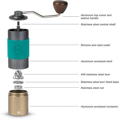 Manual Coffee Grinder - HEIHOX Hand with Adjustable Conical Stainless Steel Burr Mill, Capacity 30g Portable Mill Faster Grinding Efficiency Espresso to Coarse for Office, Home, Camping