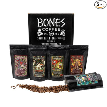 Bones Coffee Company NEW World Tour Sample Pack, Single-Origin Flavored Coffee Medium Roast Arabica Beans Specialty Coffee Gifts Compatible Auto Drip and French Press, 4 oz Pack of 5 Whole Bean