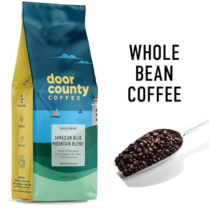 Door County Coffee Jamaican Blue Mountain Blend Non-Flavored Whole Bean - 10 oz Bag - Medium Roast - 100% Specialty Arabica - Non-Flavored - Jamaican Blue Mountain Blend