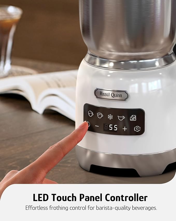 Hazel Quinn Milk Frother - Hot and Cold Detachable Milk Frother with Adjustable Temperature & Foam Thickness, Dishwasher Safe, for Latte/Cappuccino/Hot Chocolate, 400ML (13.5oz) - Pearl White