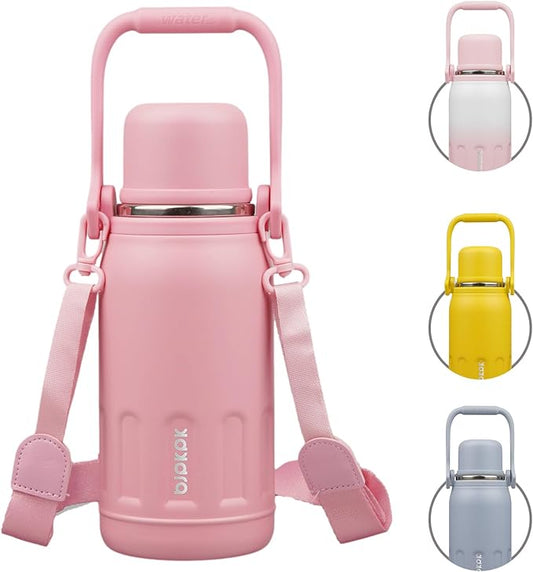 BJPKPK Insulated Water Bottle 27oz Stainless Steel Water Bottles with Handle and Cup Lid Travel Metal Thermal Flask,Light Pink