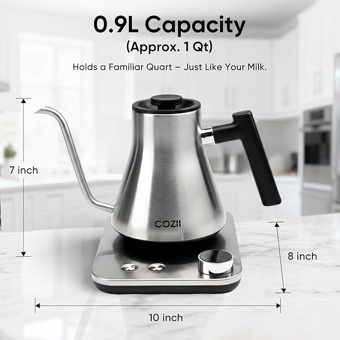 COZII Gooseneck Electric Kettle with ±1°F Temperature Control, 1200W Quick Heating for Pour Over Coffee & Tea, 0.9L Water Boiler with 24H Keep Warm & Auto Shut Off, Stainless Steel Interior, Silver