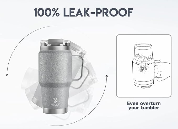 Meoky 24oz Travel Mug, Triple Insulated Stainless Steel Tumbler with Handle and 2-in-1 Straw and Sip Lid, 100% Leak Proof, Keeps Cold for 24 Hours or Hot for 8 Hours, Cupholder Friendly (Rock)