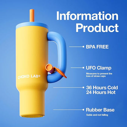 BaWang Insulated Stainless Steel Tumbler | Tumbler with Handle and Straw 33oz | Cup Holder Friendly for Travel | Leakproof Water Bottle | BPA-Free | 316 stainless steel liner| yellow＆blue