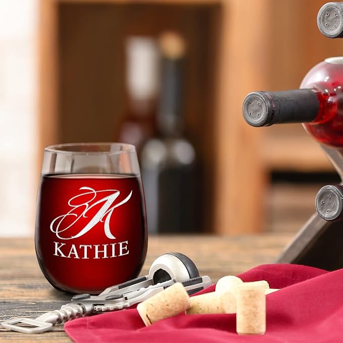 Personalized Wine Glass Script Monogram Initial and Name Engraved 17 oz Stemless Customized Red White Wine Glass Gift for Women