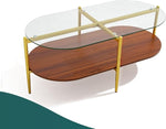 Load image into Gallery viewer, Glass and Wood Coffee Table, Mid Century Modern Design, Clear Glass Top, Solid Brown Storage MDF Shelf and Sturable Gold Legs for Small Space, Office, Department