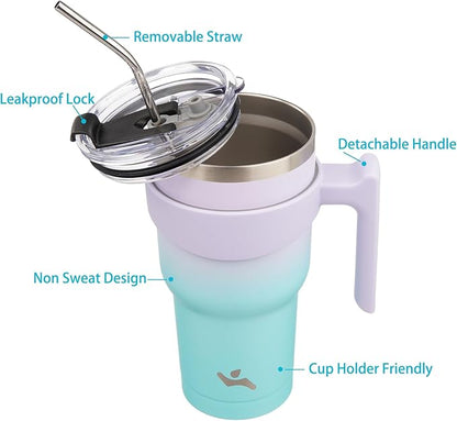 40 oz Tumbler with Handle and 2 Straw 2 Lid, Insulated Water Bottle Stainless Steel Vacuum Cup Reusable Travel Mug, Lavender Green