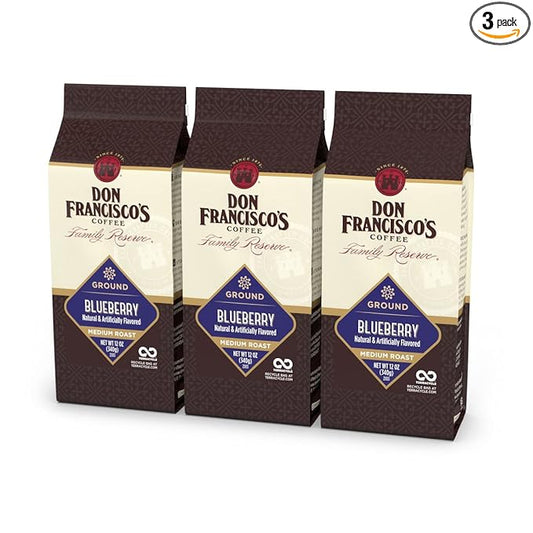 Don Francisco's Premium Blueberry Flavored Ground Coffee: 100% Arabica Beans, Rich Aroma, Perfect for Drip, Pour-Over, and French Press (3 X 12 oz Bag)