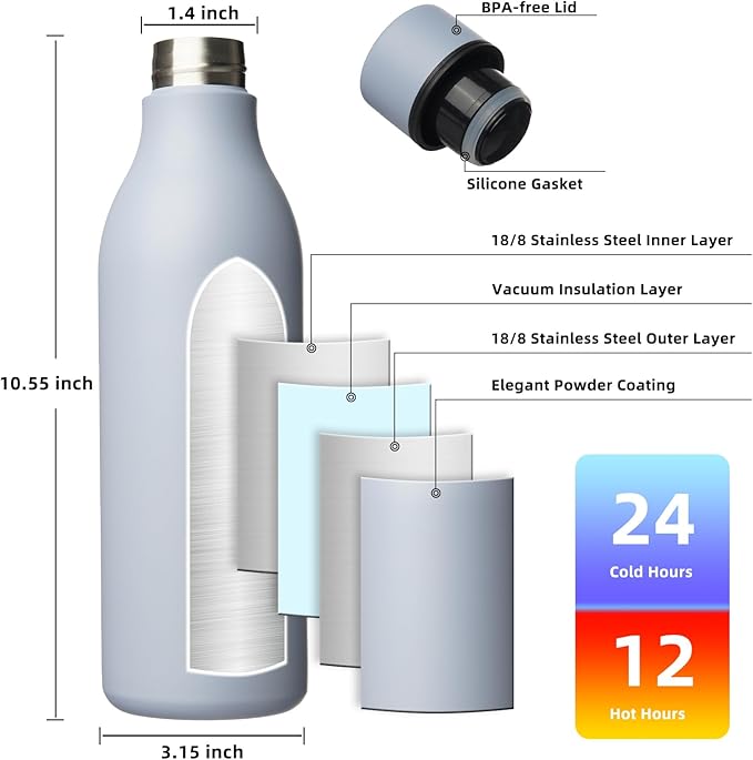 BJPKPK Insulated Water Bottles, 25 oz Stainless Steel Metal Water Bottle with Strap, BPA Free Leak Proof Jugs, Mugs, Flasks, Reusable Thermal Flasks for Sports & Travel, Mist Grey