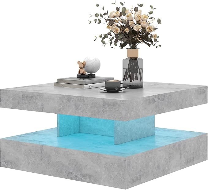 Grey LED Coffee Table for Living Room, Living Room Table 2-Tier Square Middle Center Table, Modern Coffee Tables with Storage, Contemporary Wood Tea Tables for Dining Reception