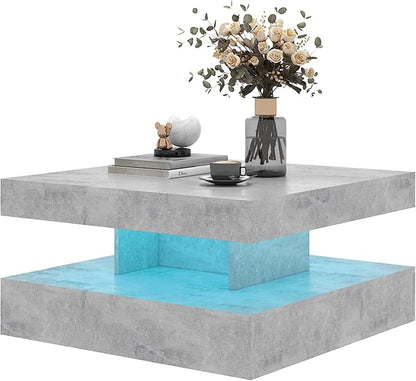 Grey LED Coffee Table for Living Room, Living Room Table 2-Tier Square Middle Center Table, Modern Coffee Tables with Storage, Contemporary Wood Tea Tables for Dining Reception