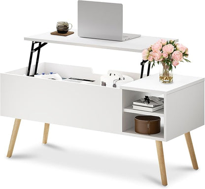 ALINE FURNITURE White Coffee Table Lift Top - Coffee Table with Solid Wood Legs, Hidden Storage Compartment & Open Shelves - 40" Lift Up Coffee Tables for Living Room