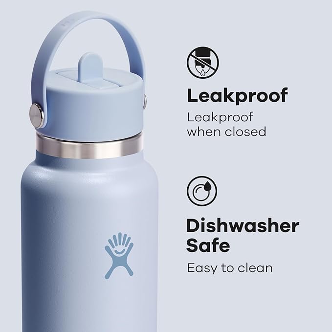 Hydro Flask Water Bottle - Insulated Stainless Steel - Wide Mouth Flex Straw Lid, Non Spill, Leakproof and Refillable in 40 Oz Surf Blue