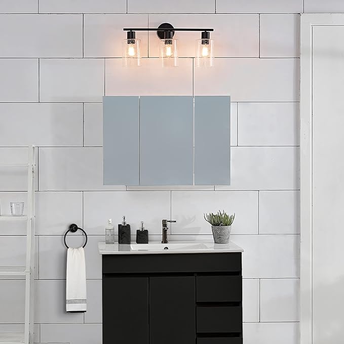 Globe Electric 51851 Bristol 5-Piece All-in-One Bathroom Set, Matte Black, 3-Light Vanity Light with Seeded Glass Shades, Towel Bar, Towel Ring, Robe Hook, Toilet Paper Holder