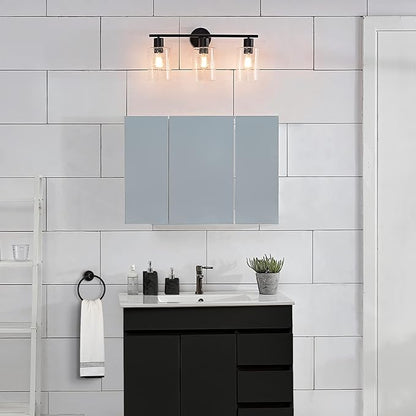 Globe Electric 51851 Bristol 5-Piece All-in-One Bathroom Set, Matte Black, 3-Light Vanity Light with Seeded Glass Shades, Towel Bar, Towel Ring, Robe Hook, Toilet Paper Holder